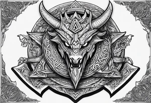 Valhalla sword shield dragon axe Valknut steps tattoo idea
