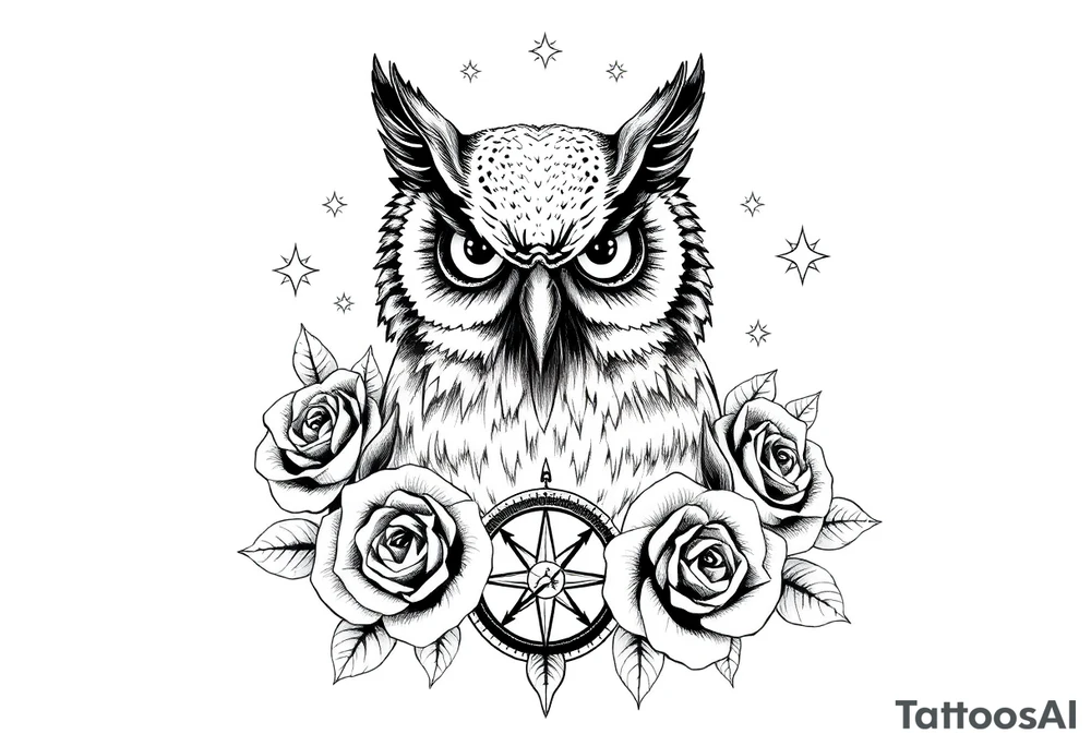 an owl,compass,roses,stars. tattoo idea