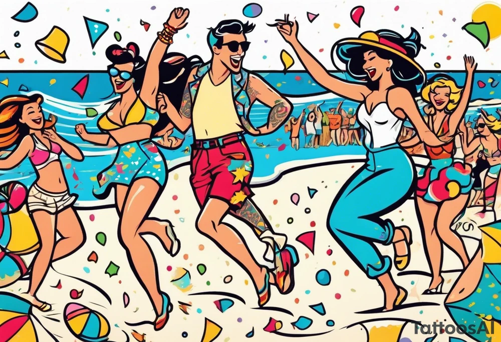 vintage beach dance party with music and confetti tattoo idea