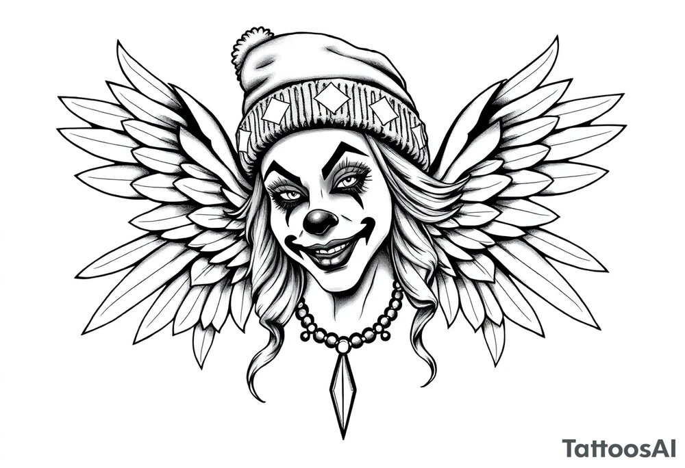 Clown Girl Thug Beanie Angelic Wings tattoo idea
