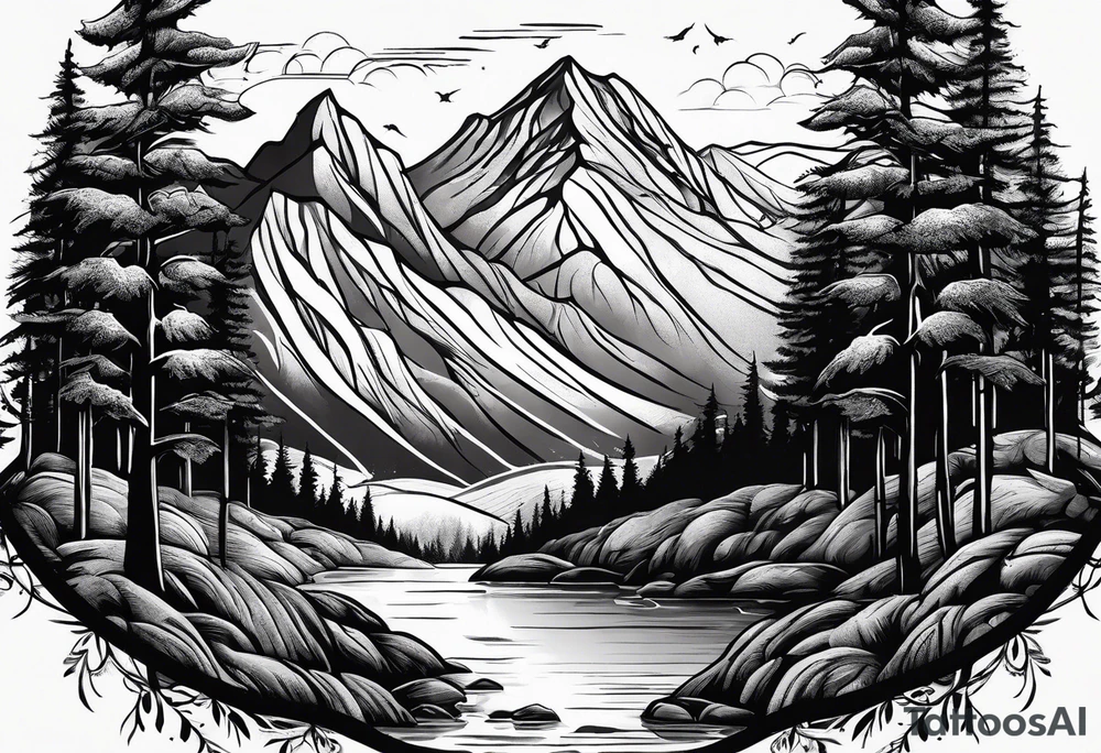 Mountains valley trees tattoo idea