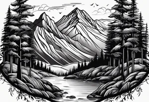Mountains valley trees tattoo idea