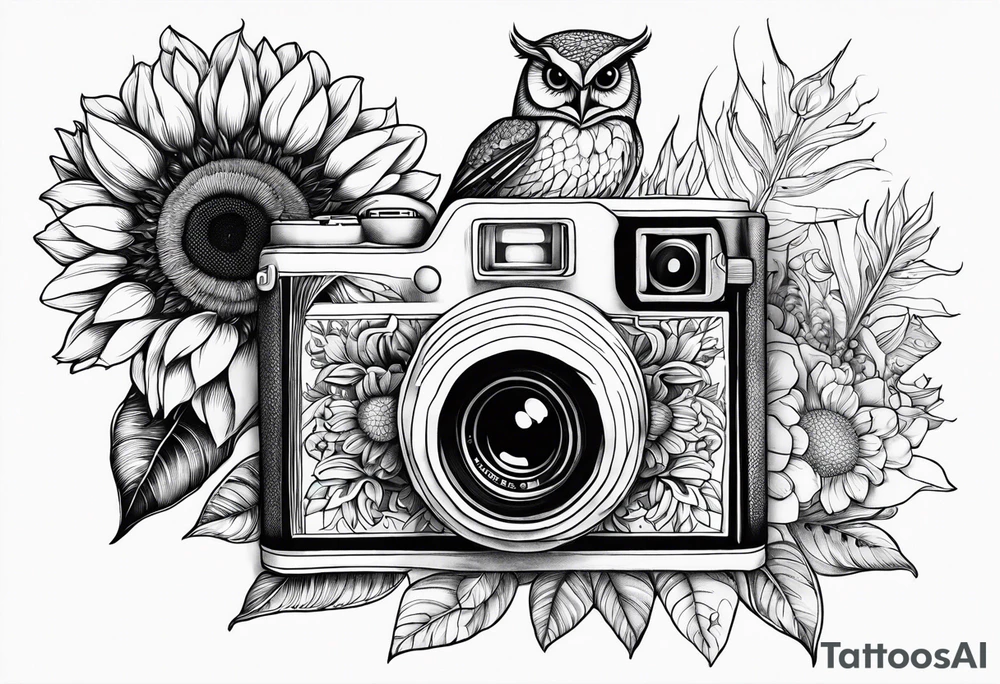 Sunflower, camera, book, peacock, owl tattoo idea