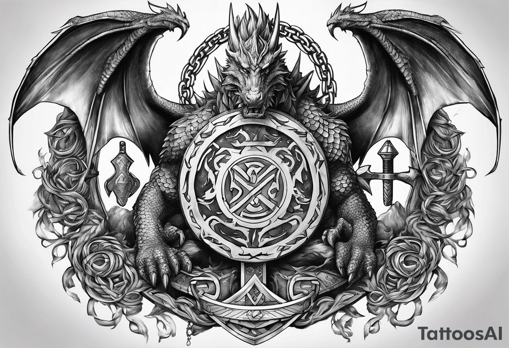 Valhalla sword round shield dragon axe Valknut steps fire chains tattoo idea Valhalla sword round shield dragon axe Valknut steps fire chains tattoo idea