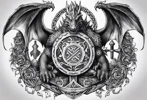 Valhalla sword round shield dragon axe Valknut steps fire chains tattoo idea