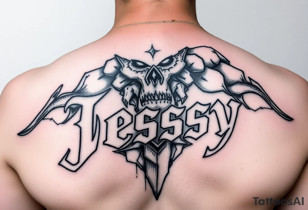 the name Jessy in a stone golem tattoo idea