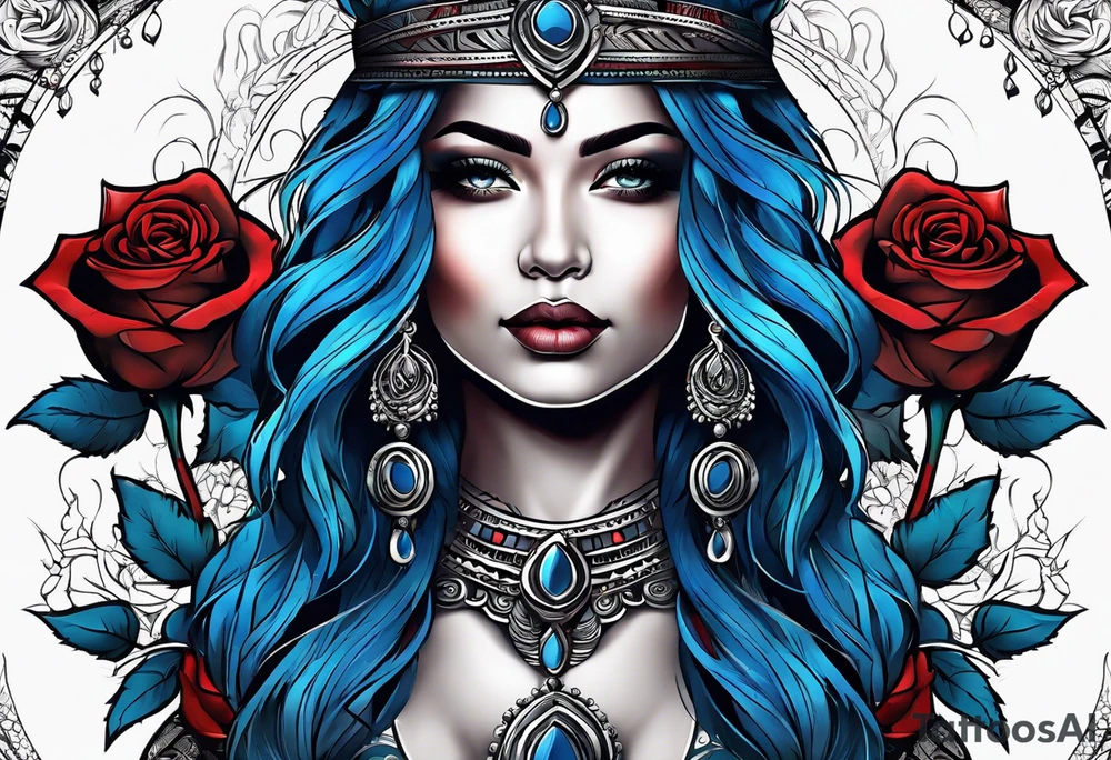 Tribal woman Colored blue and red roses tattoo idea