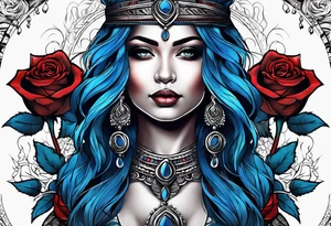 Tribal woman Colored blue and red roses tattoo idea