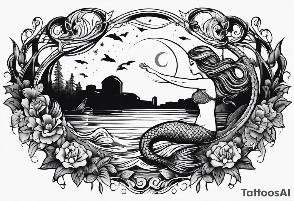 Mermaid swimming in a Louisiana bayou at night tattoo idea