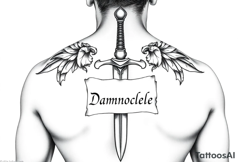 Please generate Polynesian style tattoos for me.
My qualities are authenticity, constructive reflection after failure and balance in relationships.
The sword should cover my back from top to bottom, passing over my spine with great relief and detail, surrounded by a parchment written in fine italic letters “Sword of Damocles”. tattoo idea
