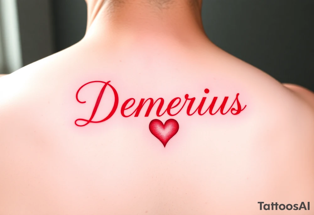 demarius name in cursive in red ink with a heart over the i tattoo idea