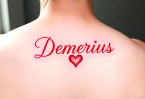 demarius name in cursive in red ink with a heart over the i tattoo idea