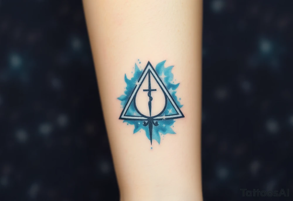 A Deathly Hallows full symbol floating within a starry night sky, its edges glowing in soft silver and deep cosmic blue tattoo idea