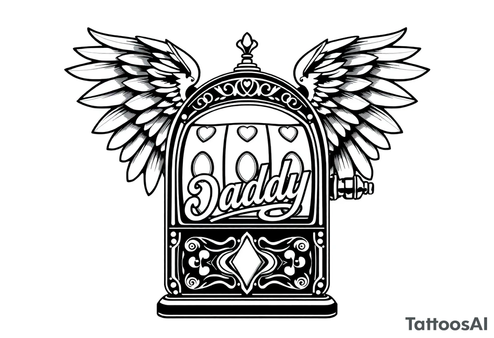 Slot machine with angel wings and word Daddy tattoo idea
