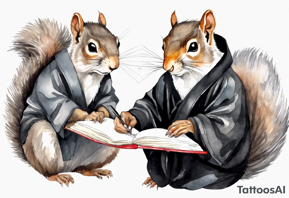 an elderly grey squirrel with a long beard wearing a black robe writing in a journal tattoo idea
