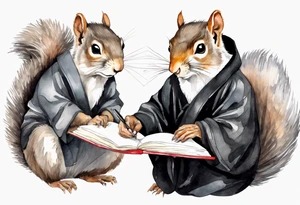 an elderly grey squirrel with a long beard wearing a black robe writing in a journal tattoo idea