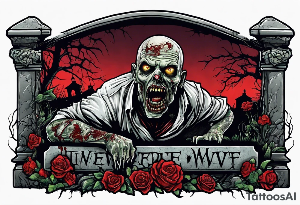 Zombie crawling out of grave. 
MIW Reincarnate written on gravestone tattoo idea