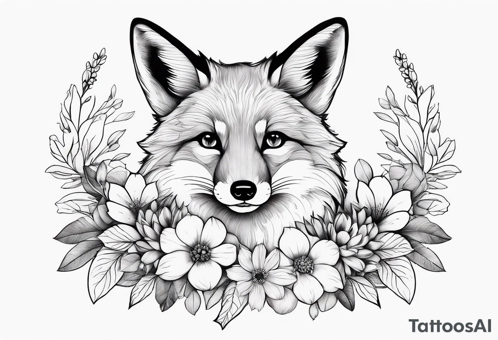feminin minimalist flowers with little fox tattoo idea