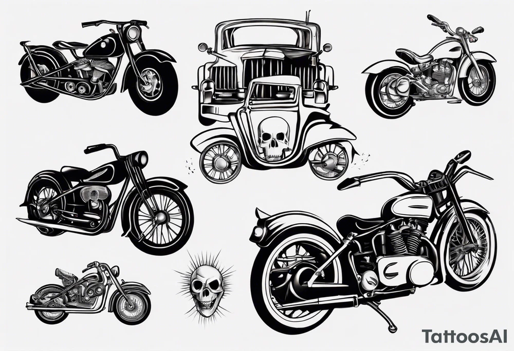 Motorcycle and an old vintage classic car with skeleton tattoo idea