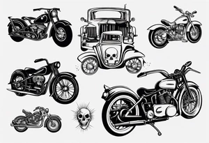 Motorcycle and an old vintage classic car with skeleton tattoo idea