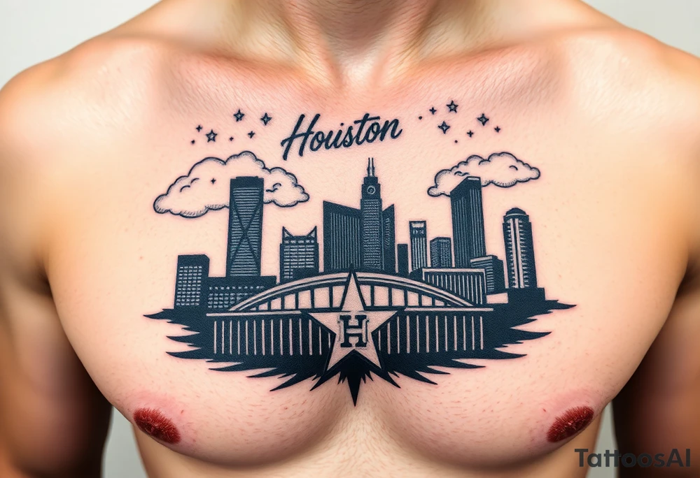 Houston texas skyline Behind houston astrodome, stars nighttime stars and clouds, Houston cursive in sky, Houston Astros star,fill in smoke stars in space, H rockets, tattoo idea