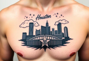 Houston texas skyline Behind houston astrodome, stars nighttime stars and clouds, Houston cursive in sky, Houston Astros star,fill in smoke stars in space, H rockets, tattoo idea