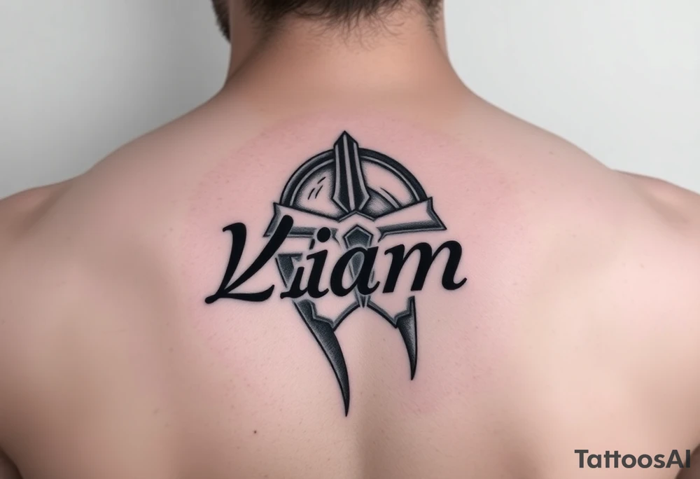 The name Liam inside a warriors helmet tattoo idea