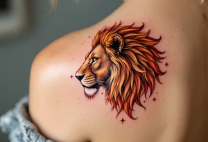 The vivid Leo star constellation arcs across a majestic lion’s back, rendered in warm ochre and crimson tones. tattoo idea