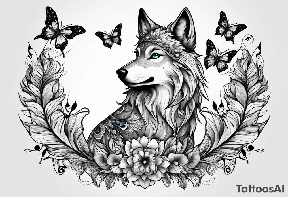 Wolf puppy, peacock feather, butterfly,, hummingbird tattoo idea Wolf puppy, peacock feather, butterfly,, hummingbird tattoo idea