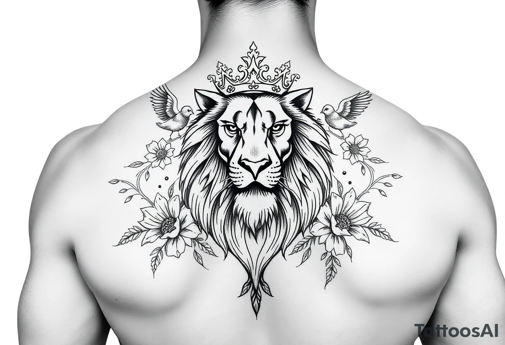 powerful majestic lion with a crown, surrounded by floral ornaments and birds tattoo idea
