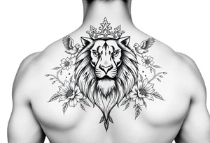 powerful majestic lion with a crown, surrounded by floral ornaments and birds tattoo idea