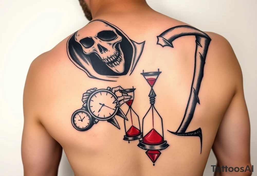 Simple grim reaper looking at a watch on his wrist with a hourglass with red sand and diamond geometric shapes tattoo idea