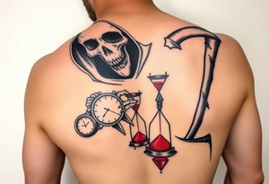 Simple grim reaper looking at a watch on his wrist with a hourglass with red sand and diamond geometric shapes tattoo idea