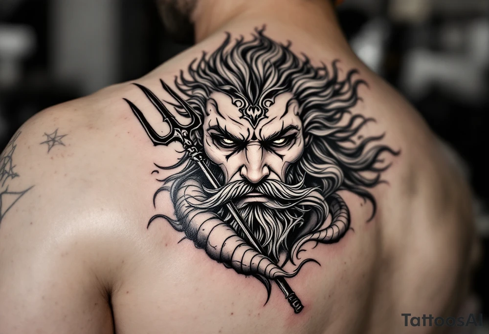 close-up gentle poseidon behind a trident tattoo idea