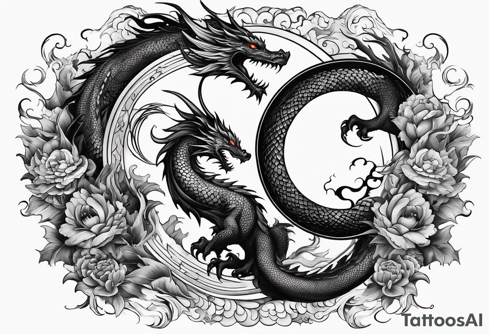 Dragon and phoenix fighting on a yin yang plate tattoo idea