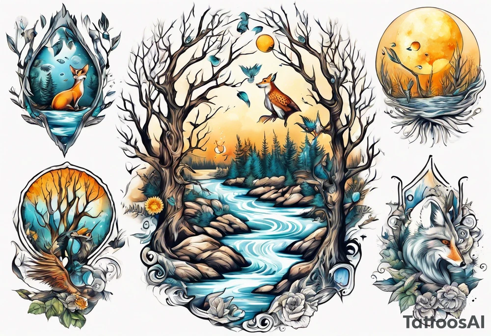 sonne, eule  wald, fuchs 
baum, sapere aude, Wasser, fisch tattoo idea