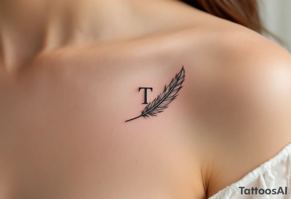 A soft gray "T" with a feather wrapped around its stem, symbolizing lightness. tattoo idea