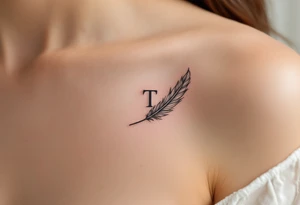 A soft gray "T" with a feather wrapped around its stem, symbolizing lightness. tattoo idea