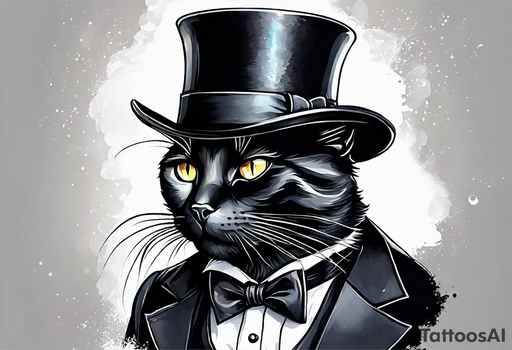 Black cat in a tuxedo, wearing a top hat and holding a cane tattoo idea
