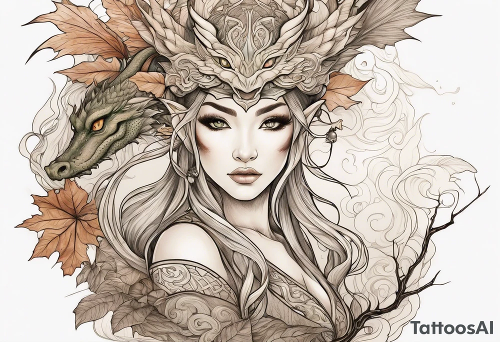 Woodland elf earthy tones. Dragon in background tattoo idea