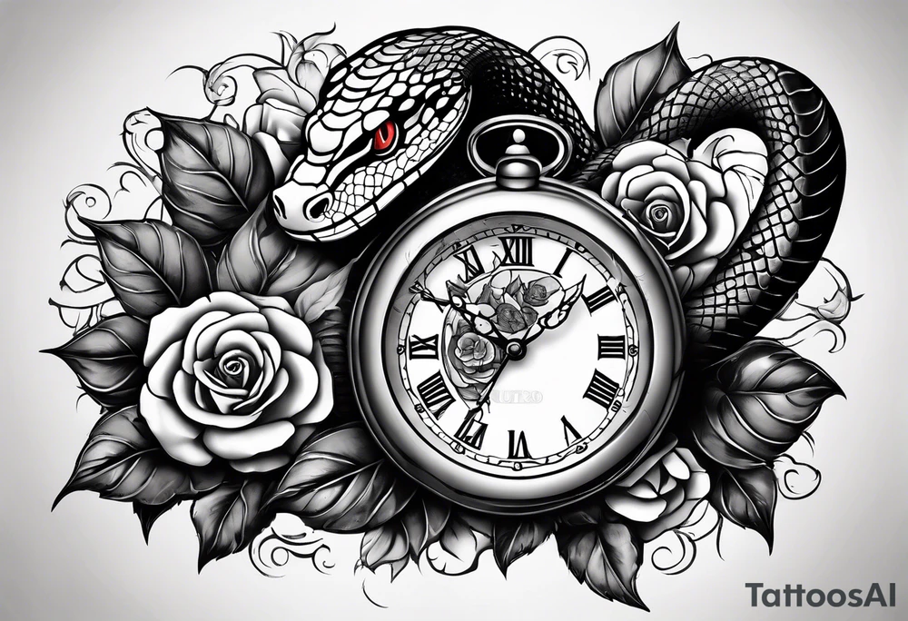 King cobra wrapped around an old broken watch clock with dead roses all around in the background tattoo idea