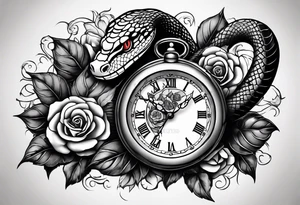 King cobra wrapped around an old broken watch clock with dead roses all around in the background tattoo idea
