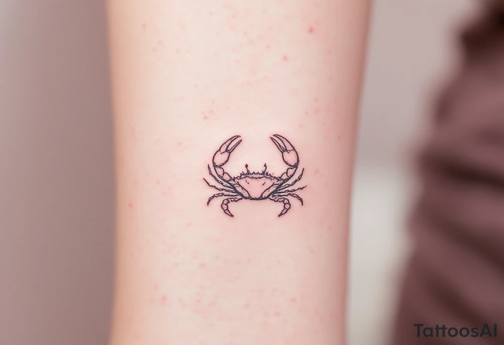 A soft pink sky background frames a hand-poked Cancer constellation with a faint gray crab outline. tattoo idea