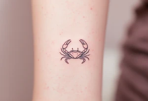 A soft pink sky background frames a hand-poked Cancer constellation with a faint gray crab outline. tattoo idea