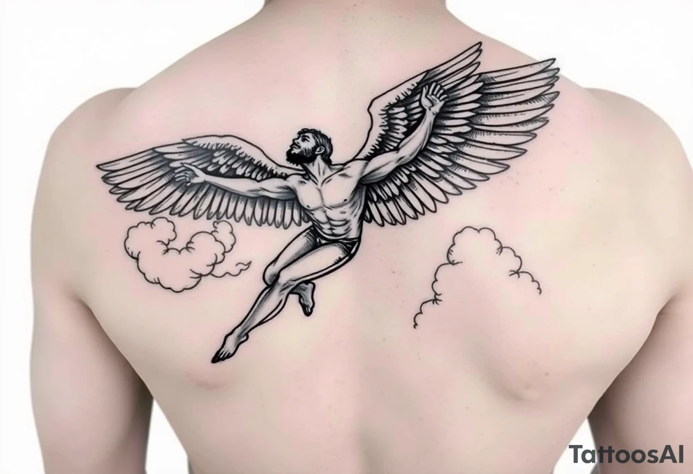 Icarus falling from the sky with clouds around him tattoo idea