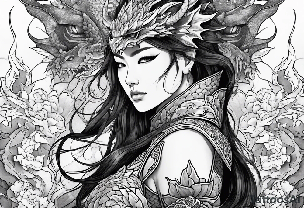 beautiful warrior woman wearing dragon armor and a floral background and a dragon a full picture tattoo idea