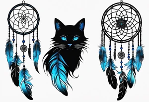 Black cat entwined in a elegant dream catcher that has flowers an long flowing feathers on dream catcher. Black cat eyes in neon blue an small neon blue detail in catcher tattoo idea