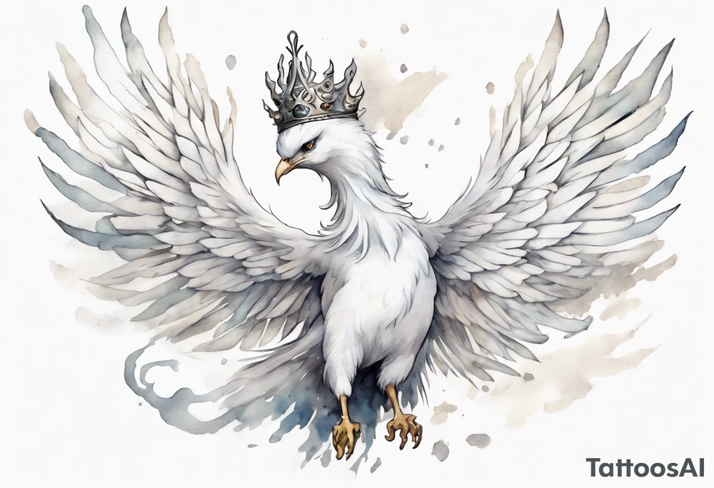 a white phoenix wearing a small crown, flying in the air tattoo idea