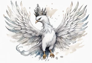 a white phoenix wearing a small crown, flying in the air tattoo idea
