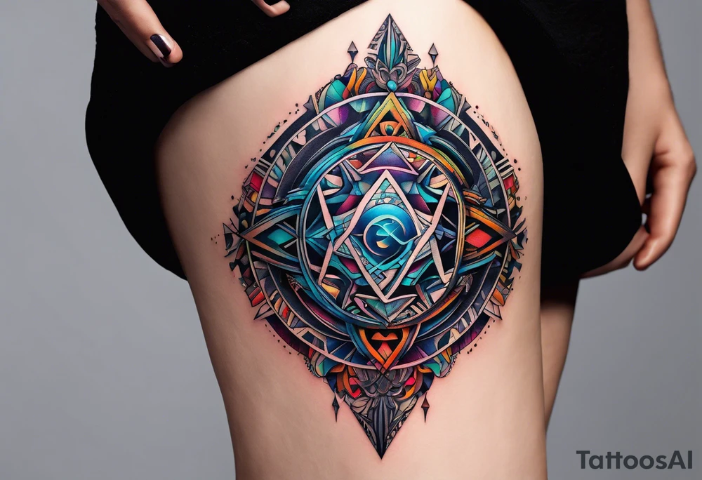 A tattoo design featuring geometric patterns and symbols inspired by psytrance and techno music, creating a unique and futuristic look. tattoo idea